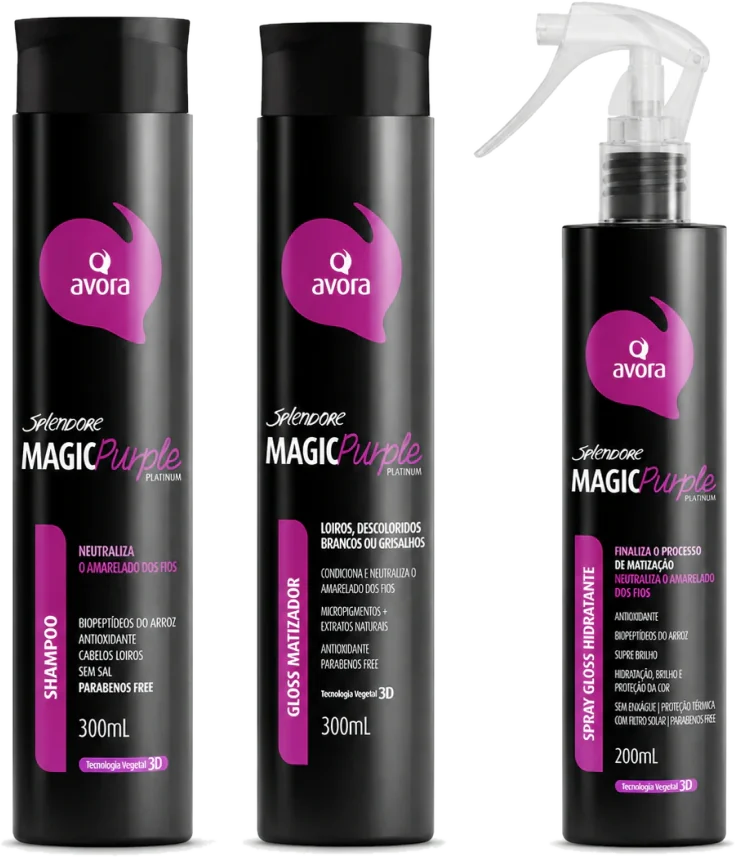 Linha Magic Purple Platinum: shampoo, gloss matizador e spray gloss hidratante